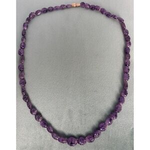 Vintage Hand Carved Amethyst Graduated Beaded Necklace Purple Gemstone P154